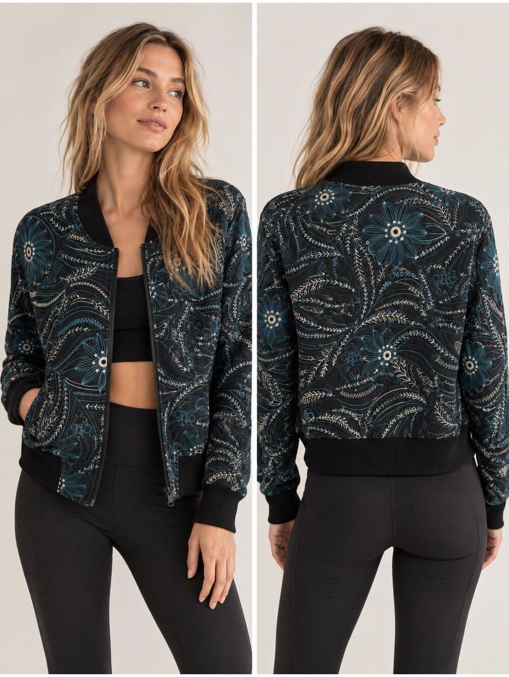 FP Garden Party Embroidered Bomber Jacket | Black Blue Floral | MSRP $298